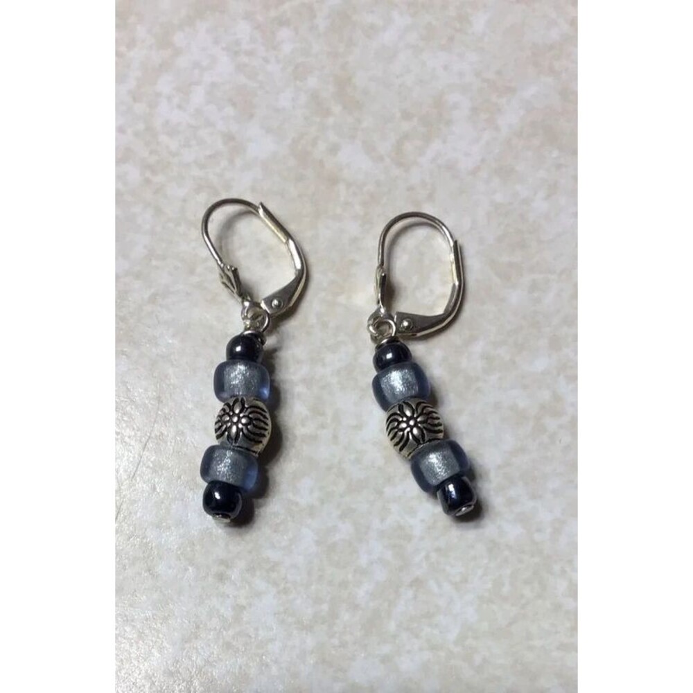 Handmade Beaded Leverback Earrings | Blue Glass & Silver Boho Whimsy Goth